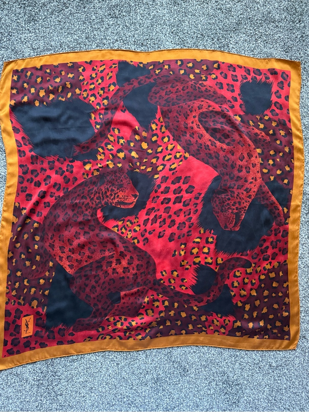 YSL Scarf. Vibrant Red Leopard Motif Silk Scarf